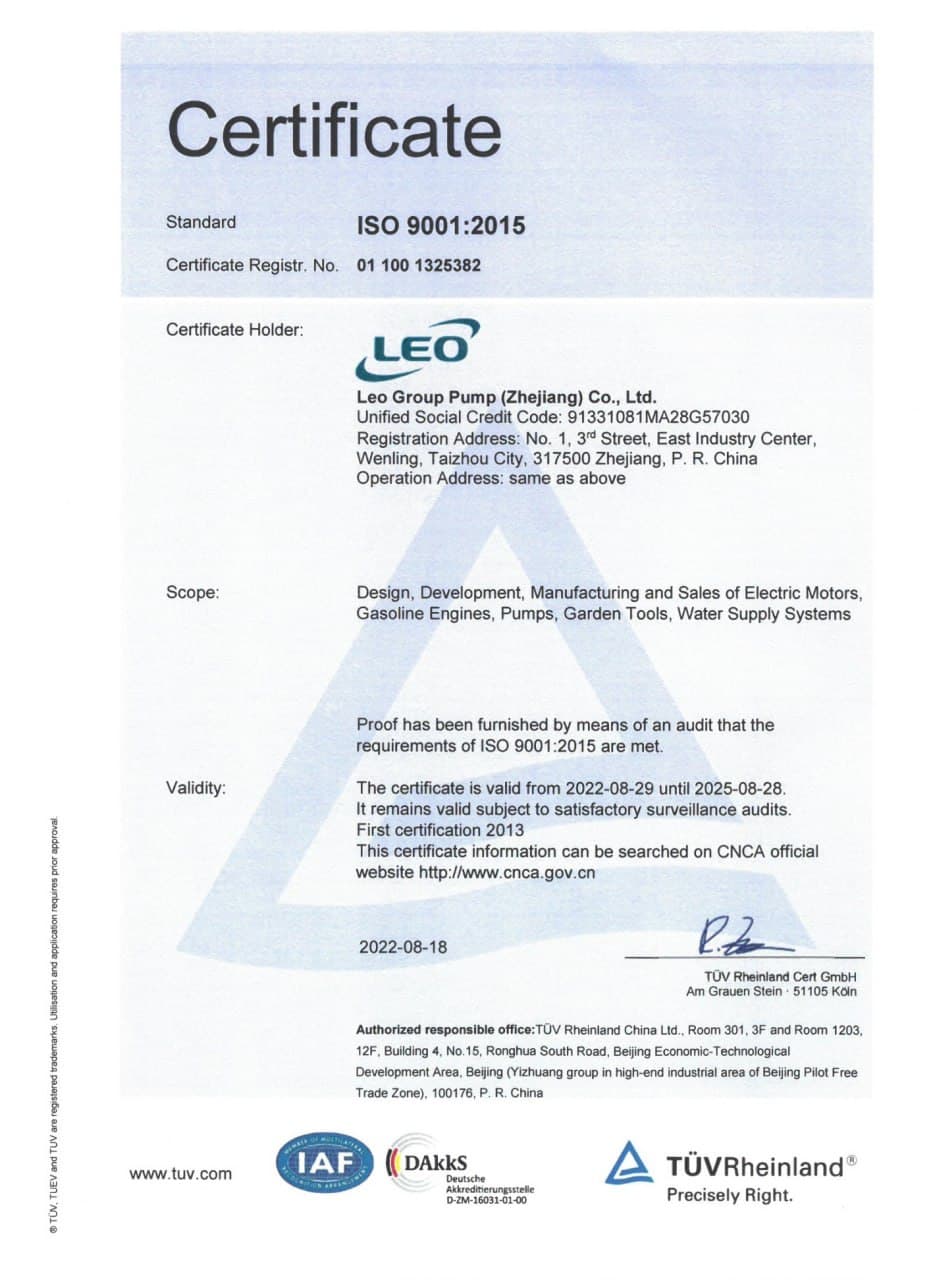 ISO 9001:2015 — LEO Group Pump